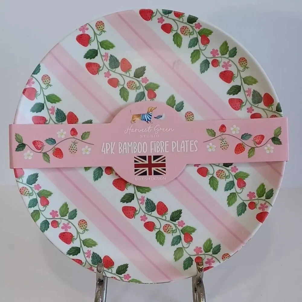 Harvest Green Studio Bamboo Strawberry Print Dinner Plates Set of 4 NEW